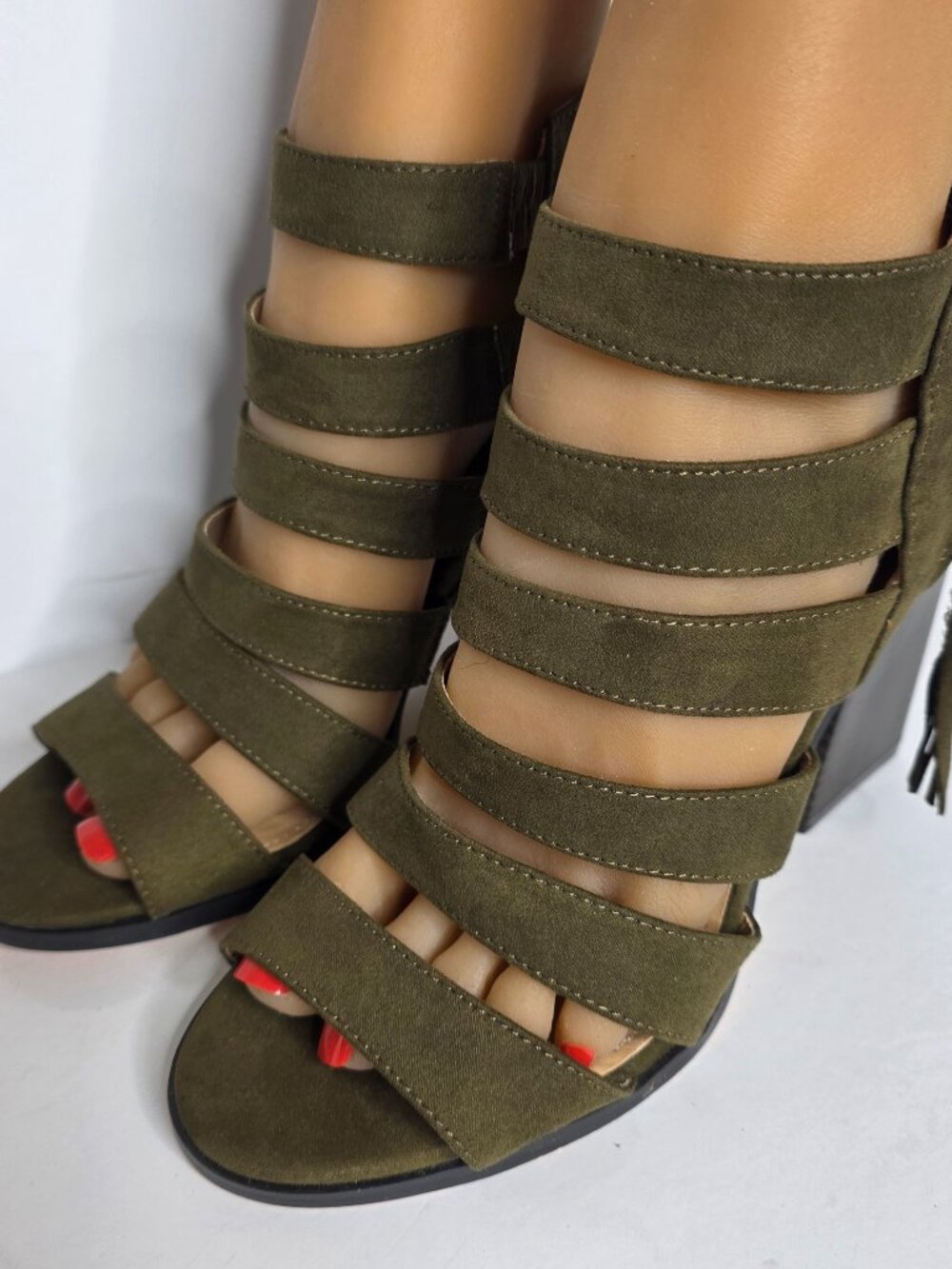 JustFab Esipie Olive Green Strappy Heeled Dress Sandals, Size 6.5